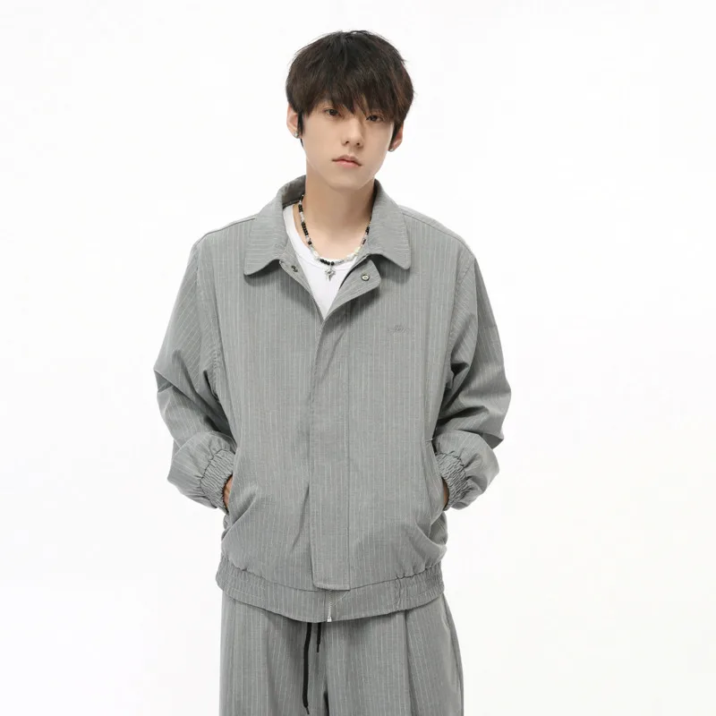 SYUHGFA Korean Style Men's Striped Two-piece Sets Turn Down Collar Zipper Coat Straight Wide Leg Casual Pants 2024 Autumn