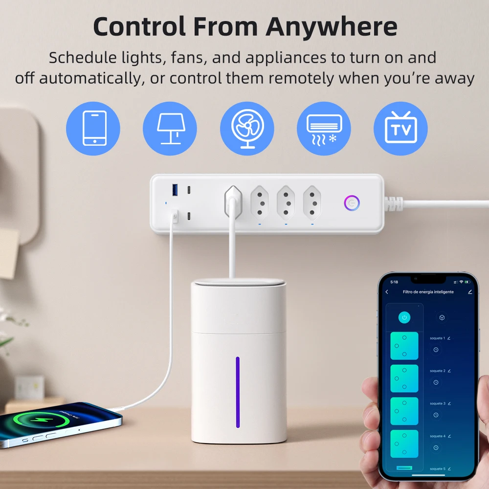 AVATTO Tuya WiFi Brazil Standard Plug Power Strip With 4 Outlets 2 USB 2 Type-C，Smart Power Strip Works With Alexa Google Home