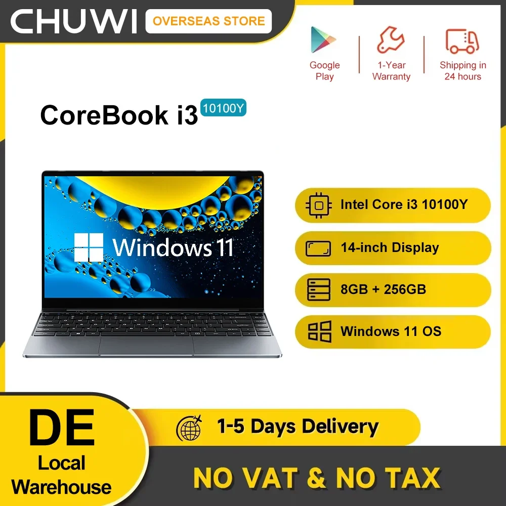 CHUWI CoreBook 14inhes Laptop Intel Core i3-10100Y Up to 3.9GHz 8GB RAM 256GB SSD Windows 11 1920x1200 FHD Display 38Wh Battery