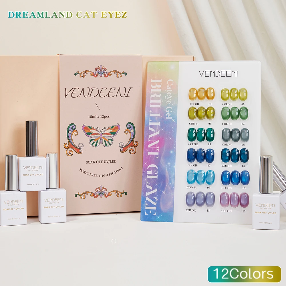 Vendeeni, 12 colores/juego, cuentas de vidrio Aurora, esmalte de uñas en Gel para ojos de gato, cristal magnético, ojo de gato, barniz de Gel UV para remojar con pantalla