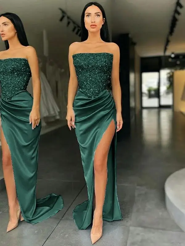 

Angelsbridep Dark Boat Neck Green Mermaid Prom Dresses Vestido De Graduación Long Satin And Sequin Party Evening Formal Gowns