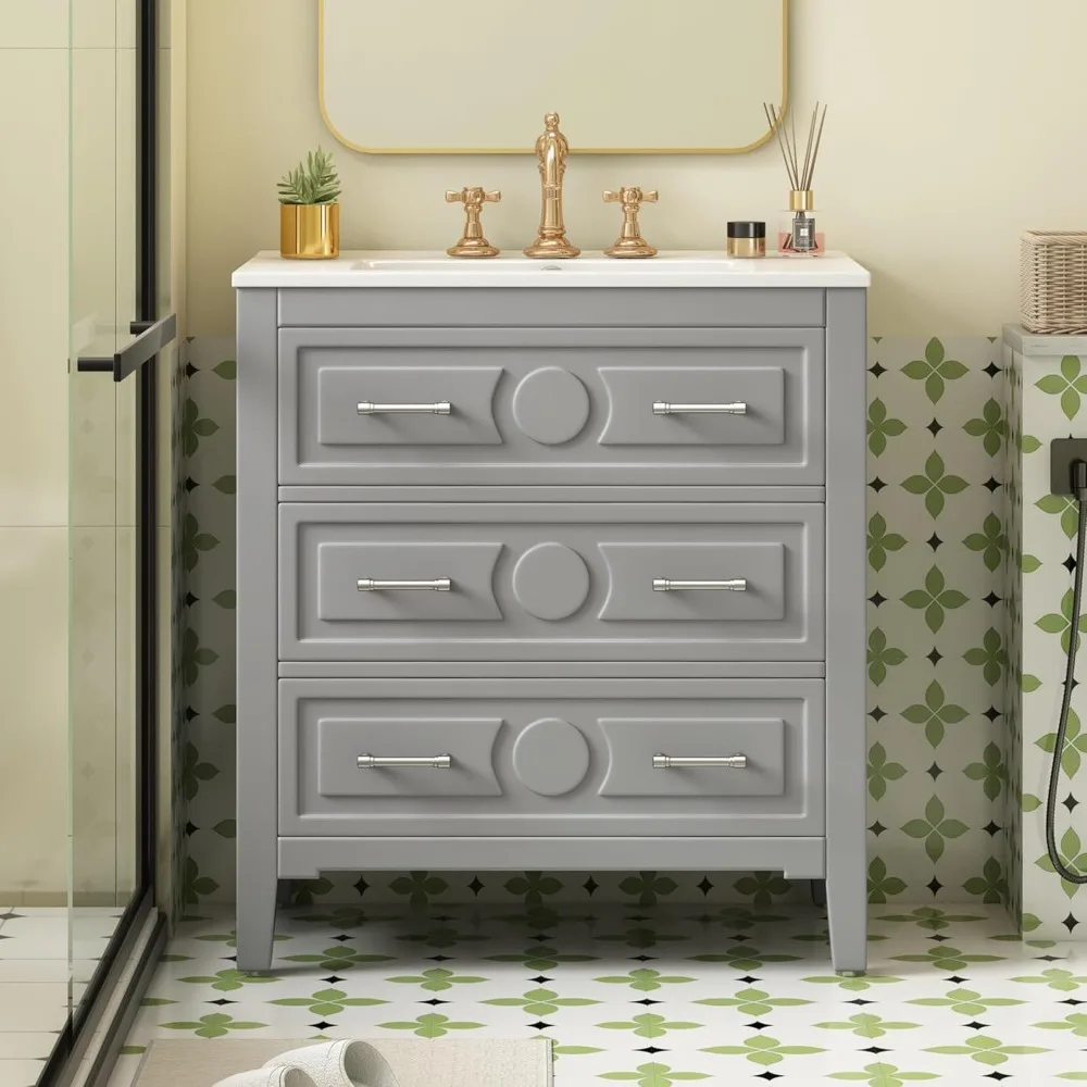 

30" Bathroom Vanity with Ceramic Sink, Modern Bathroom Storage Cabinet with 2 Drawers and a Tip-Out Drawer, Solid Wood Frame Bat