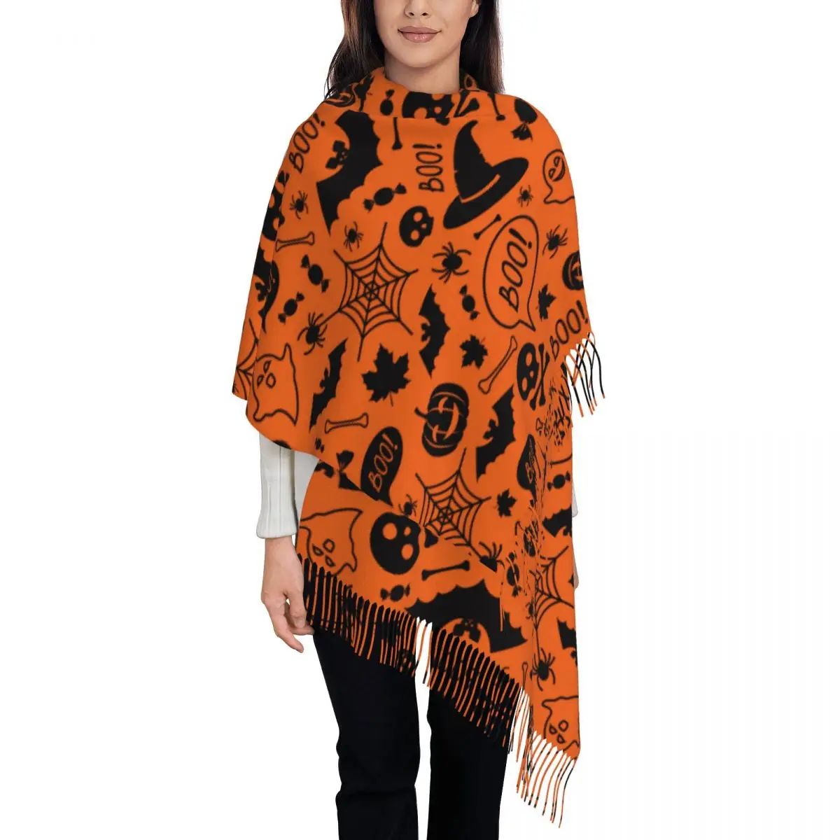 Happy Halloween Cartoon Shawl Wrap for Ladies Winter Single-sided Pattern Scarf Pumpkin Skull Bat Ghost Pashminas Shawl Scarves