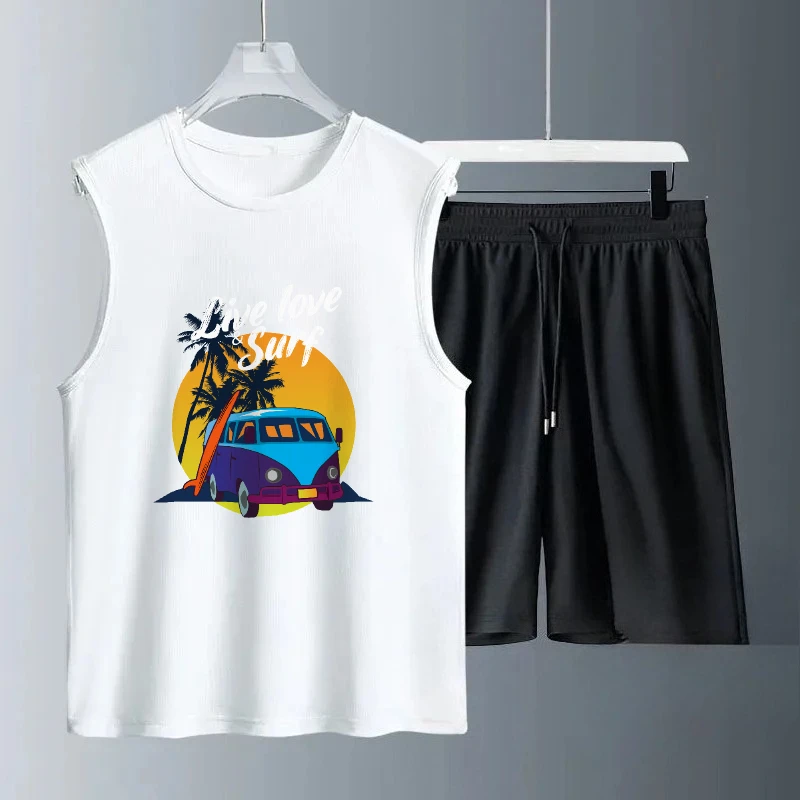 

2025 мужские летние синие повседневные комплекты без рукавов с принтом автобуса, модные спортивные футболки + шорты, дышащий, удобный, модный