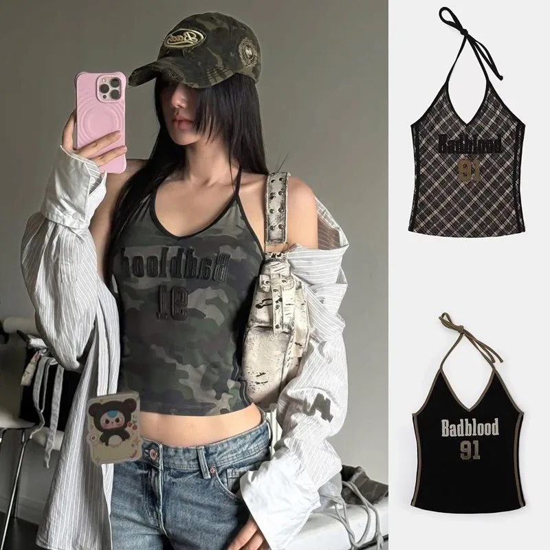 Korean badblood bcac spicy girl collarless sexy pure desire grid tank top with straps women's niche top