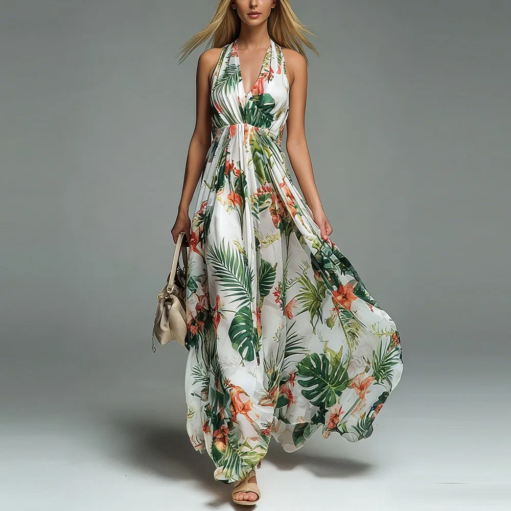 

Halter Neck Printed Dress Summer Women's Sexy V-neck Sleeveless Casual High Waist Loose Long Dress Vestidos De Fiesta Elegantes