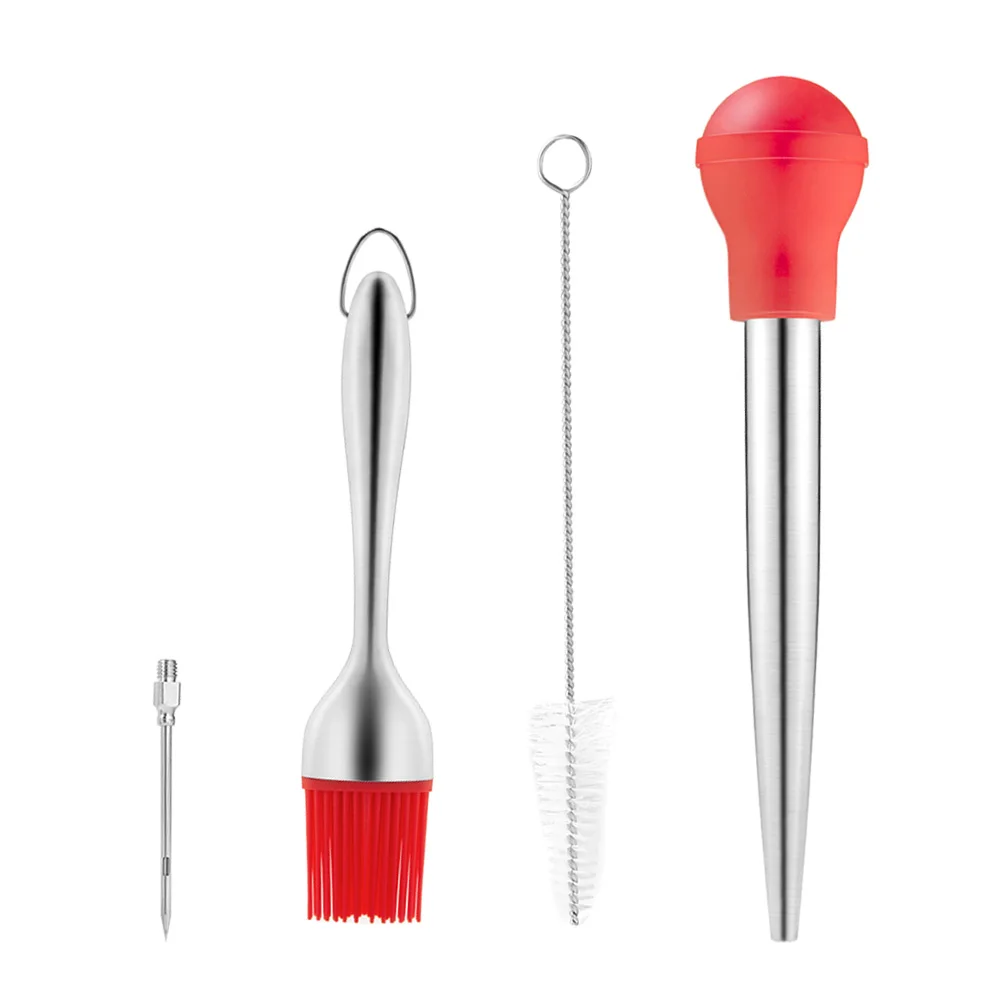 

Stainless Steel Turkey Baster Set Silicone Oil Brush Seasoning Pump Drip Tube Bbq Tool Meat Flavor Enhancer Kitchen Grill