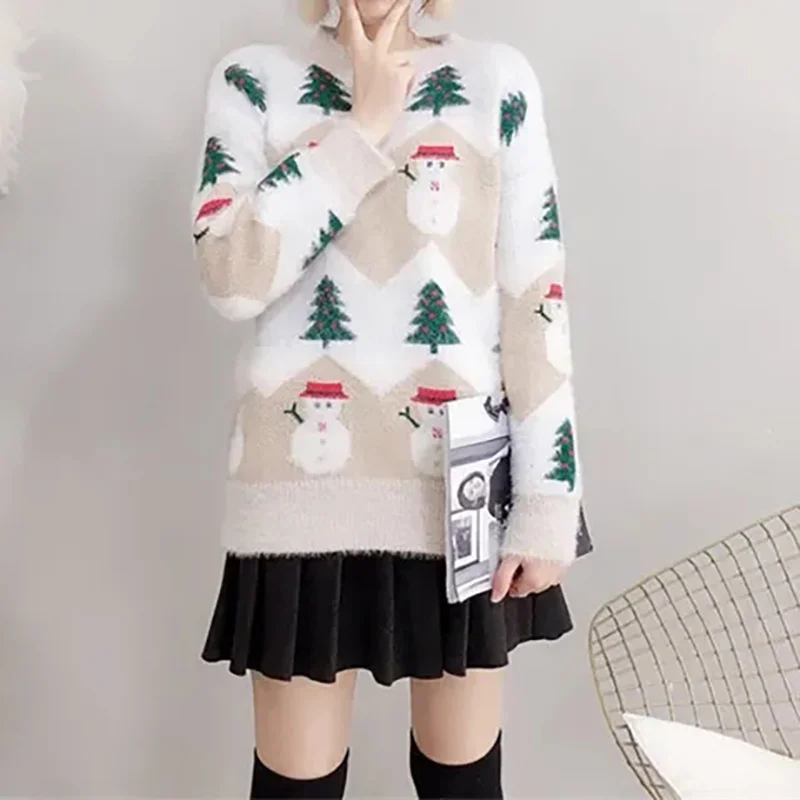 New Christmas Sweater Pullover Women Thick Warm Winter Elegant Pullover O-neck Sweater Casual Sweaters Patchwork Long Sleeve Top