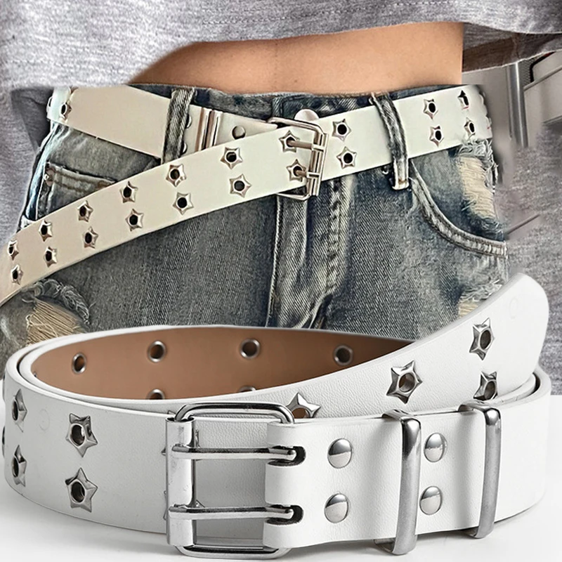 Y2K Punk Rivet PU Leather Belts Women Men Star Black White Waist Strap Double Row Hollow Trendy Waistband Jeans Skirt Decoration