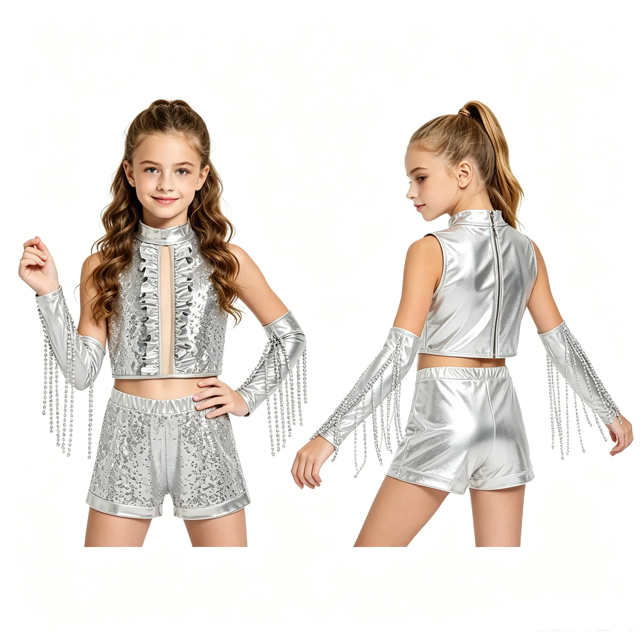6-16Y Girls Metallic Shiny Sequin Crop Top with Shorts Tassels Gloves for Hop Hop Jazz Dance Carnival School Party Performance
