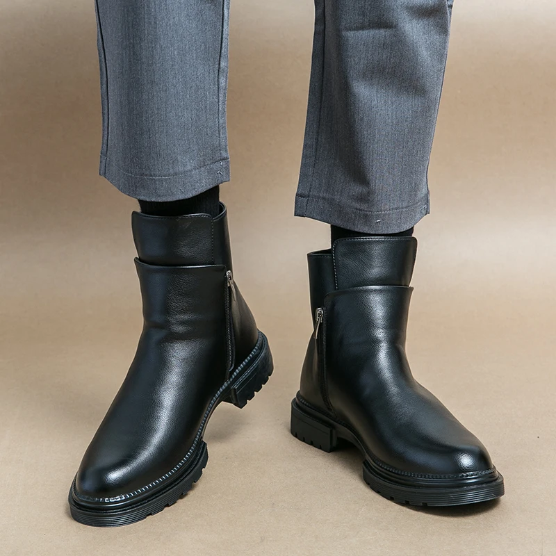 Round Toe Shoes Men\'s High Top Footwear Classic Retro Leather Chelsea Boots Side Zipper Fashion Ankle Boots Male Business Shoes