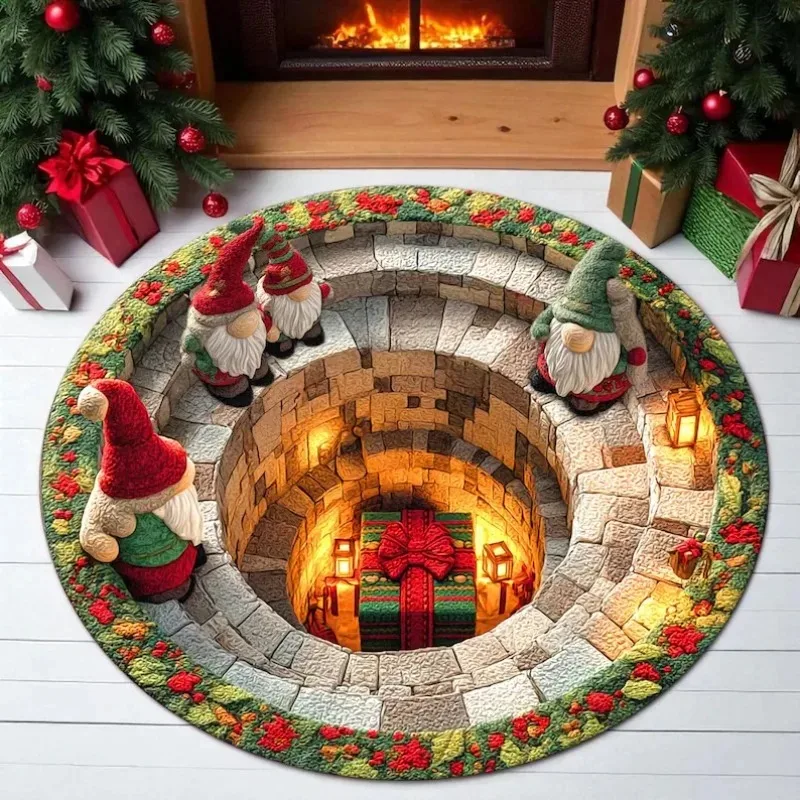 Christmas Presents Round Rug – Gift Box Tunnel Design for Fireplace Area, Xmas Floor Mat, Holiday Home Decor