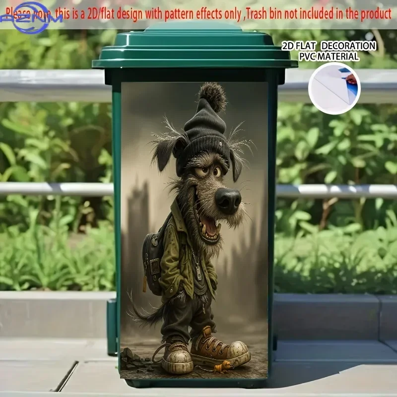 2D 1PCLarge Self-Adhesive Dumpster Stickers - Urban Dog Decoration with Beanie & Sneakers, Removable PVC Decorative Bin Labels