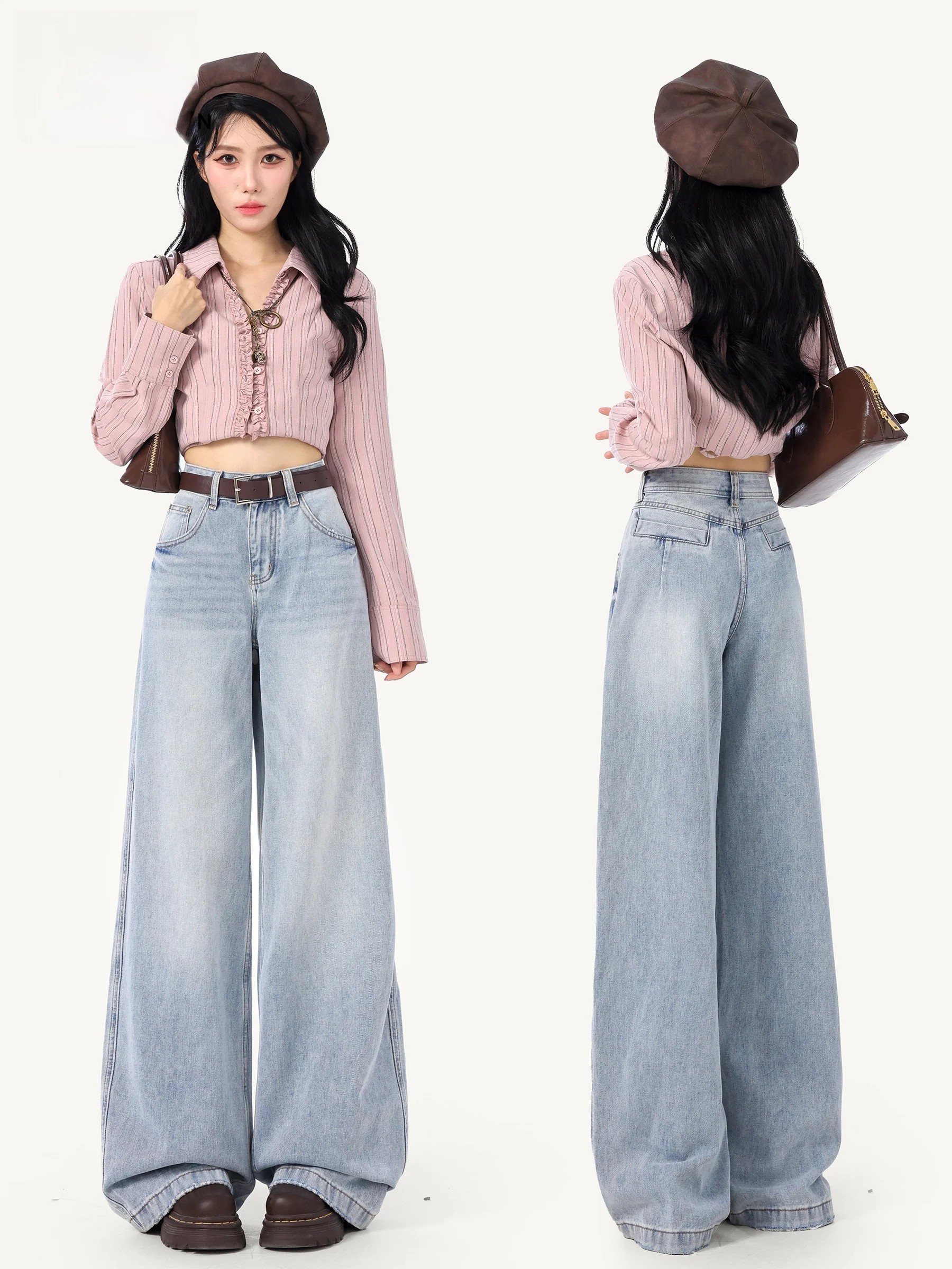 

Свободные женские синие джинсы с высокой талией, осенние, повседневные, с эффектом потертости, струящиеся, широкие, прямые, в пол