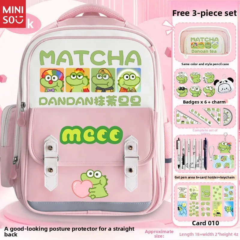 Mochila escolar Miniso Matcha Dandan, mochila fofa e grande para crianças, bolsa casual leve para meninos e meninas