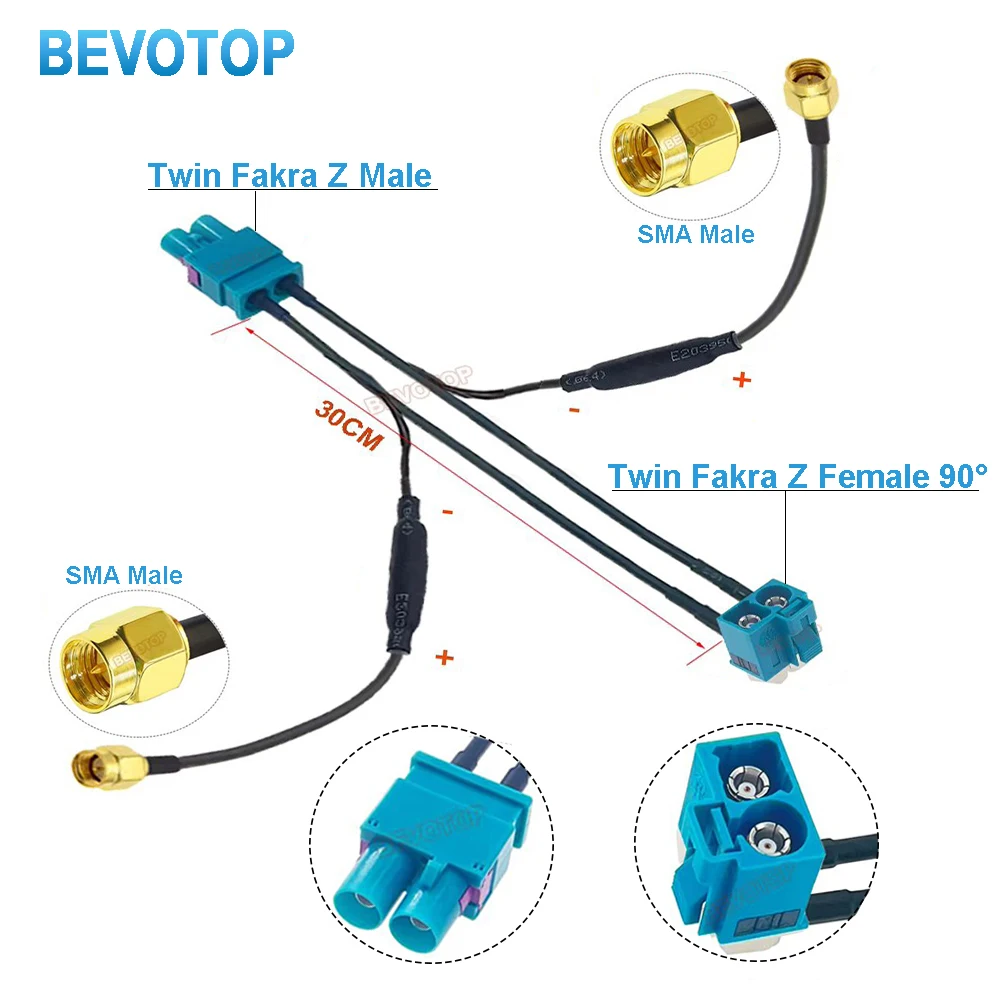 BEVOTOP Twin Fakra Z Male Female to 2 SMA Female Splitter cables With Diode Custom-made RF Coaxial Cable Jumper