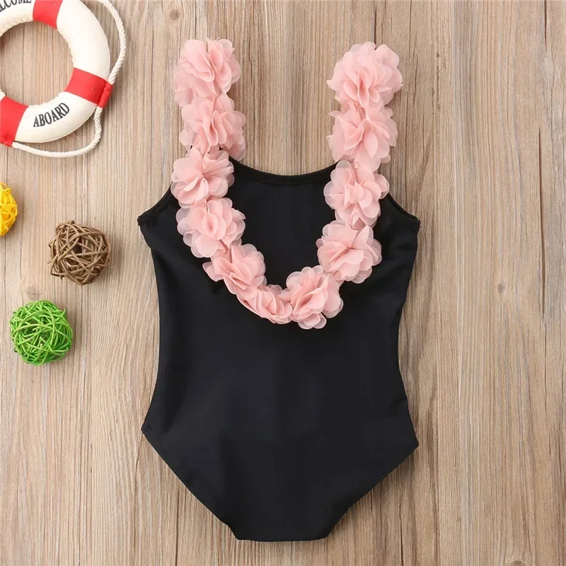 2024 Summer New Swimsuit Toddler Flower Printing Swimwear Baby Girls One Piece Round Neck Ruffle Bath Bikini 1-5Yrs Girl Clothes