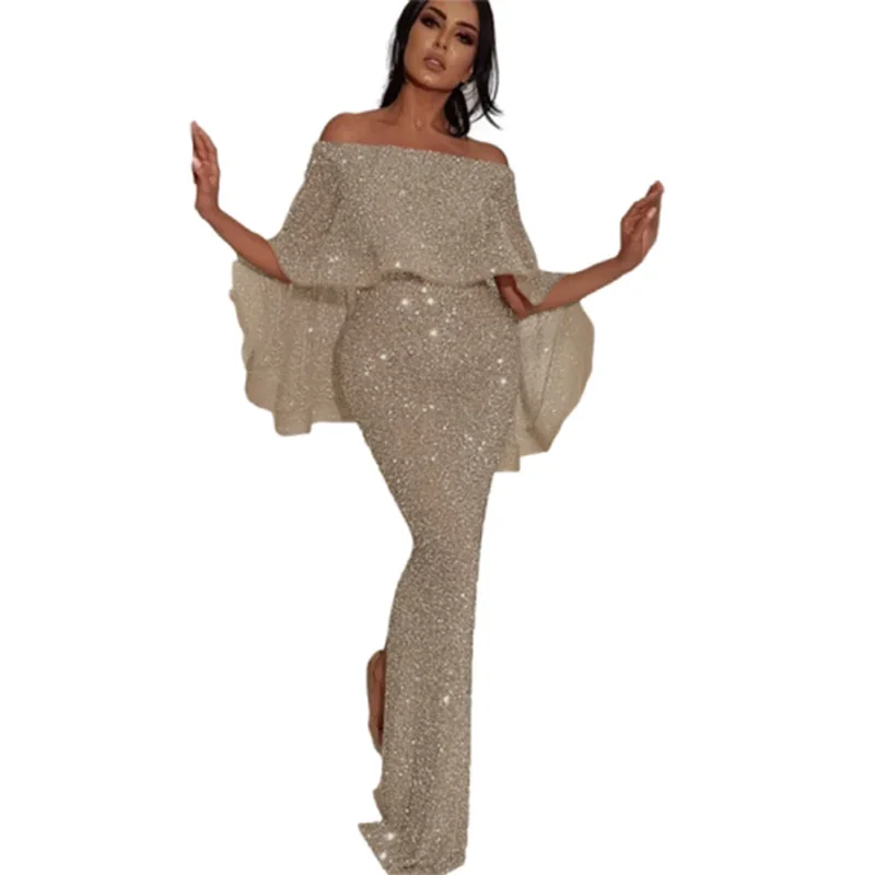 

Women Fashion Sparkling Wrap Hip Dresses One-line Neck Off The Shoulder Dress Gala Party Gown Back Split Hem Floor Length Frock