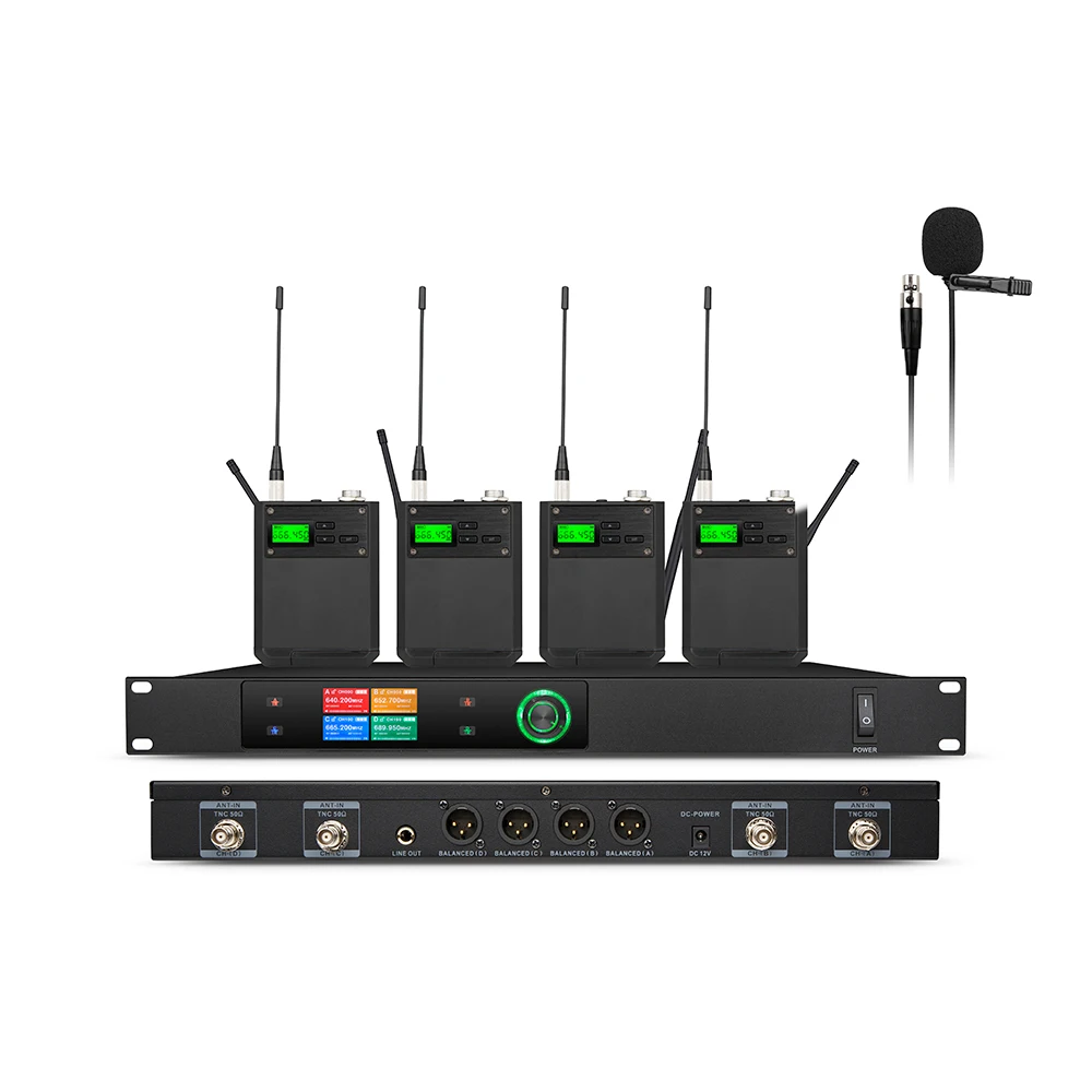 Wireless Microphone System Pro UHF 4 Channels with 4 Lavalier Bodypacks Crystal Clear Sound for professional sound