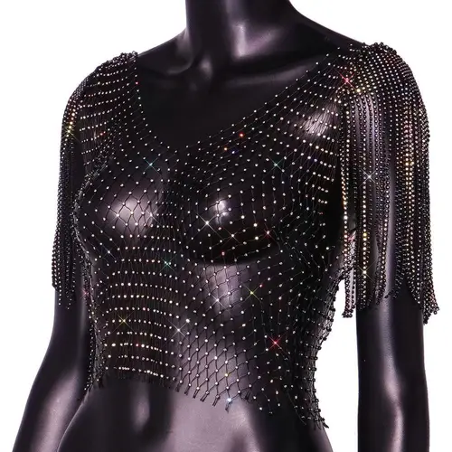 Con borla chal rejilla brillo Top Rhinestone atractivo sexual Rhinestone rejilla cubrir Ups malla taladro chaleco Rhinestone Fishnet Tops