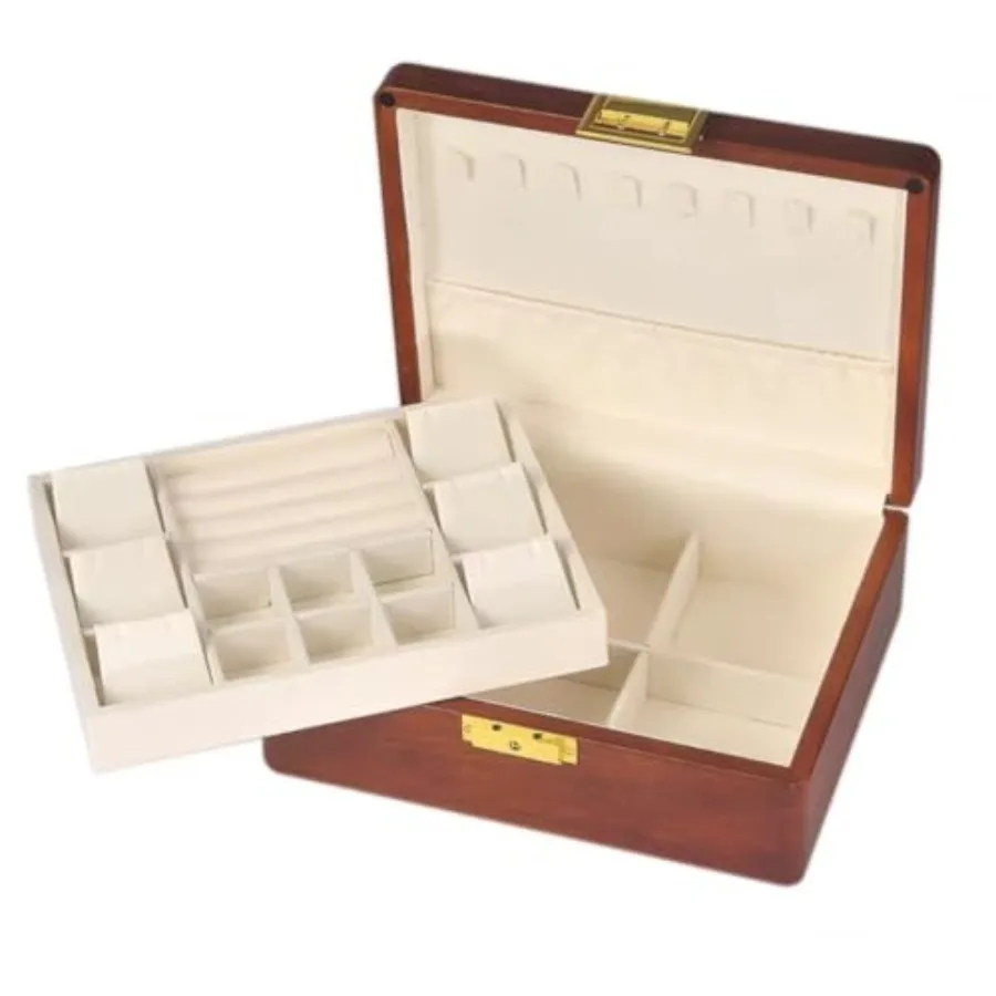 

2-слойная деревянная шкатулка для драгоценностей с замком и ключом для женщин и мужчин, винтажный бархатный деревянный органайзер для хранения ювелирных изделий для сережек Rin