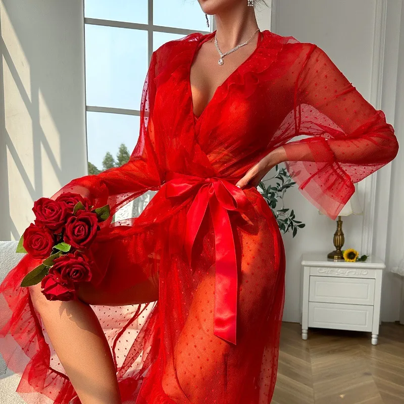 Сексуальная сетчатая ночная рубашка в горошек с длинными рукавами, женская ночная рубашка с рюшами и v-образным вырезом, завязкой на талии, домашний наряд, комплект из трех предметов 717