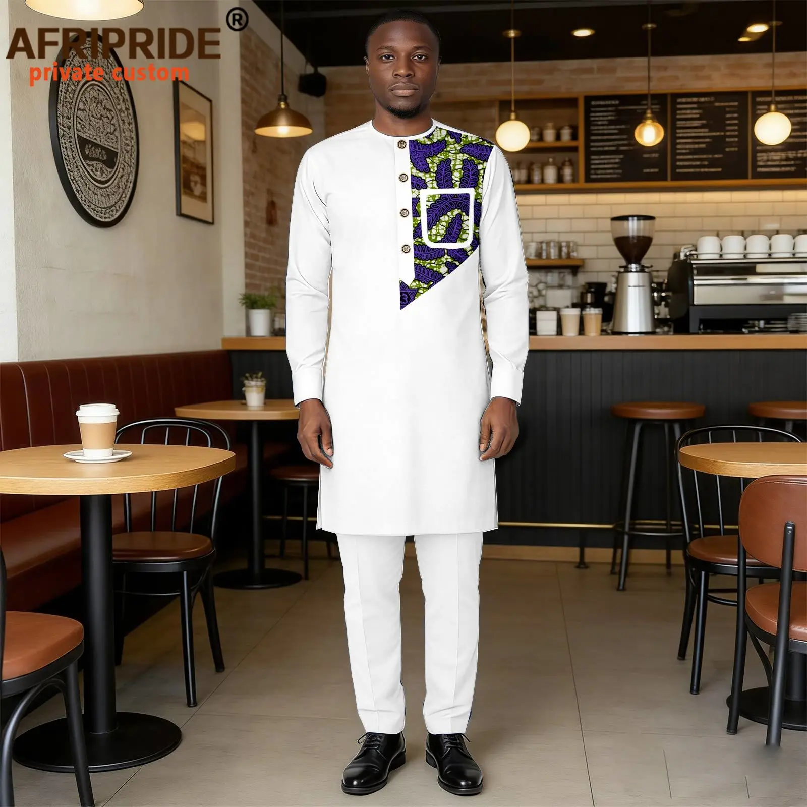 

Dashiki Men African Clothes Applique Single Breasted Polo Shirts and Pants 2 Piece Set Print Attire Ankara Outwear 2616075