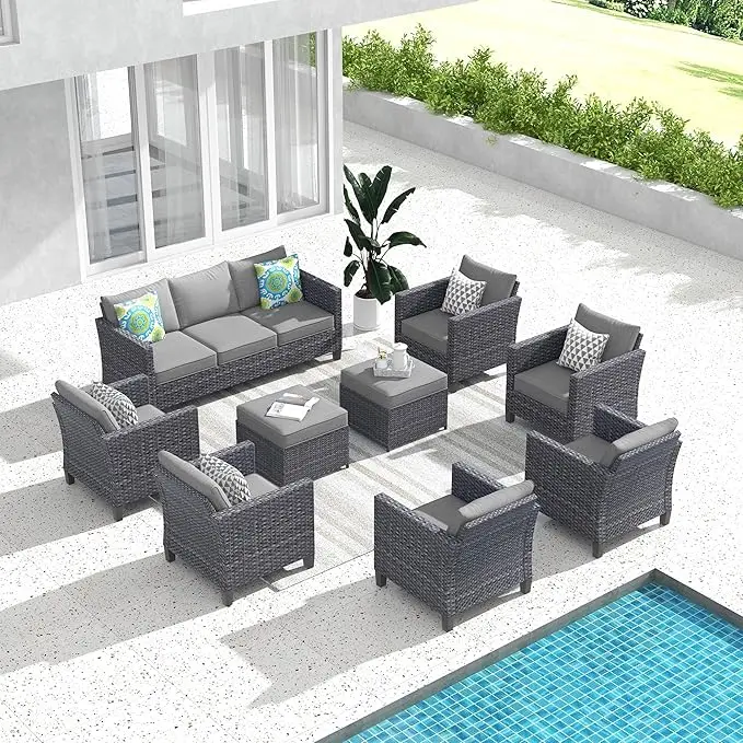 

9 Pieces Outdoor Wicker Rattan Sofa Couch with 6 Chairs, Ottomans and Comfy Cushions High Back Conversation Set Garden Backyard