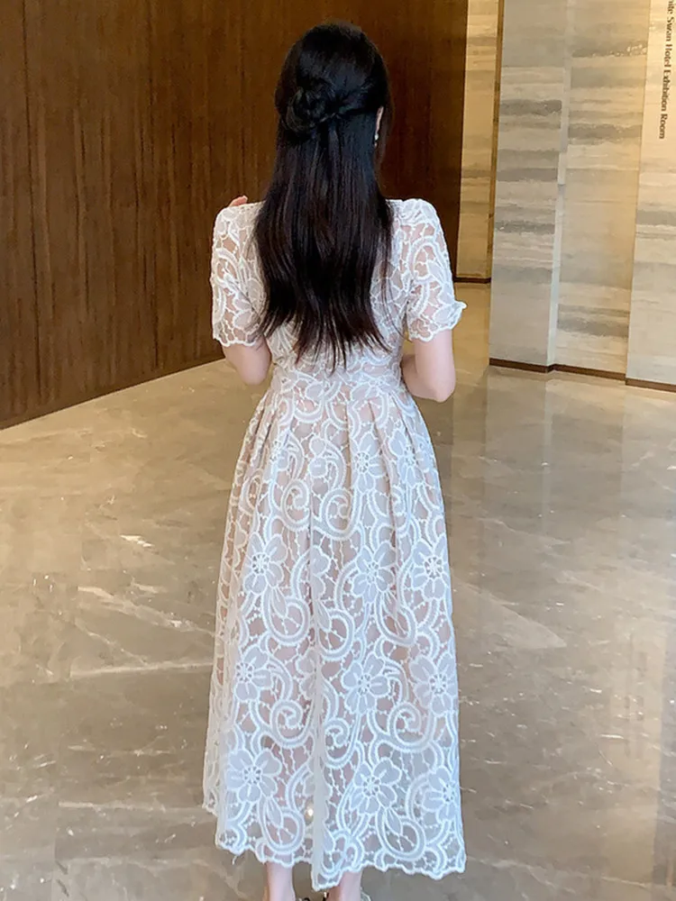 2024 Summer New Elegant O-neck Short Sleeve Lace White Dresses  Women Bow Beaded Hollow out Wedding Prom One Piece Dress Female