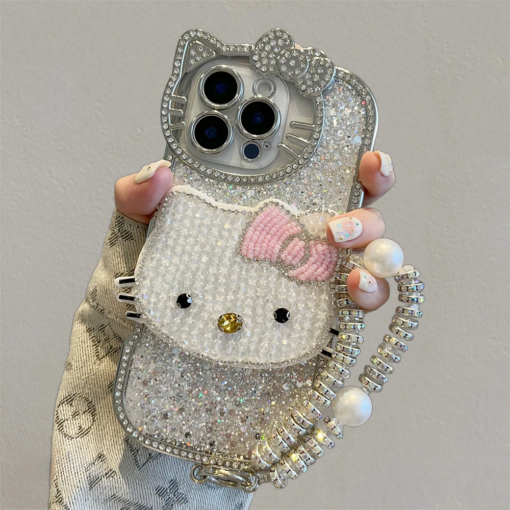 Kawaii Hello Kitty Creative Rhinestone Case for IPhone 11 12 13 14 15 16 Pro Max Sanrio Anime Protective Cover with Bracelet