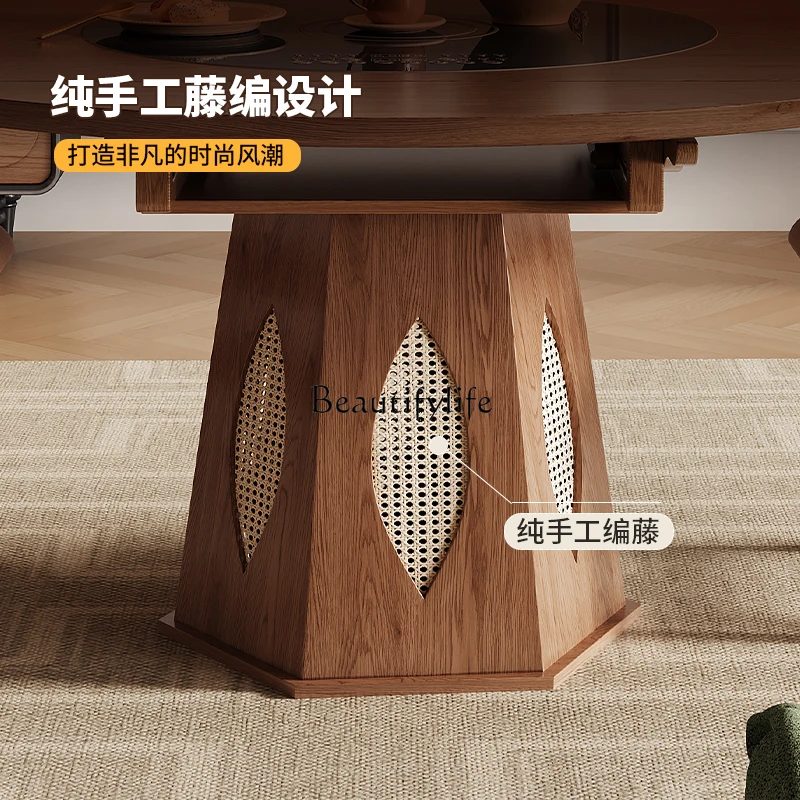 French solid wood dining table household small apartment retro retractable variable round table