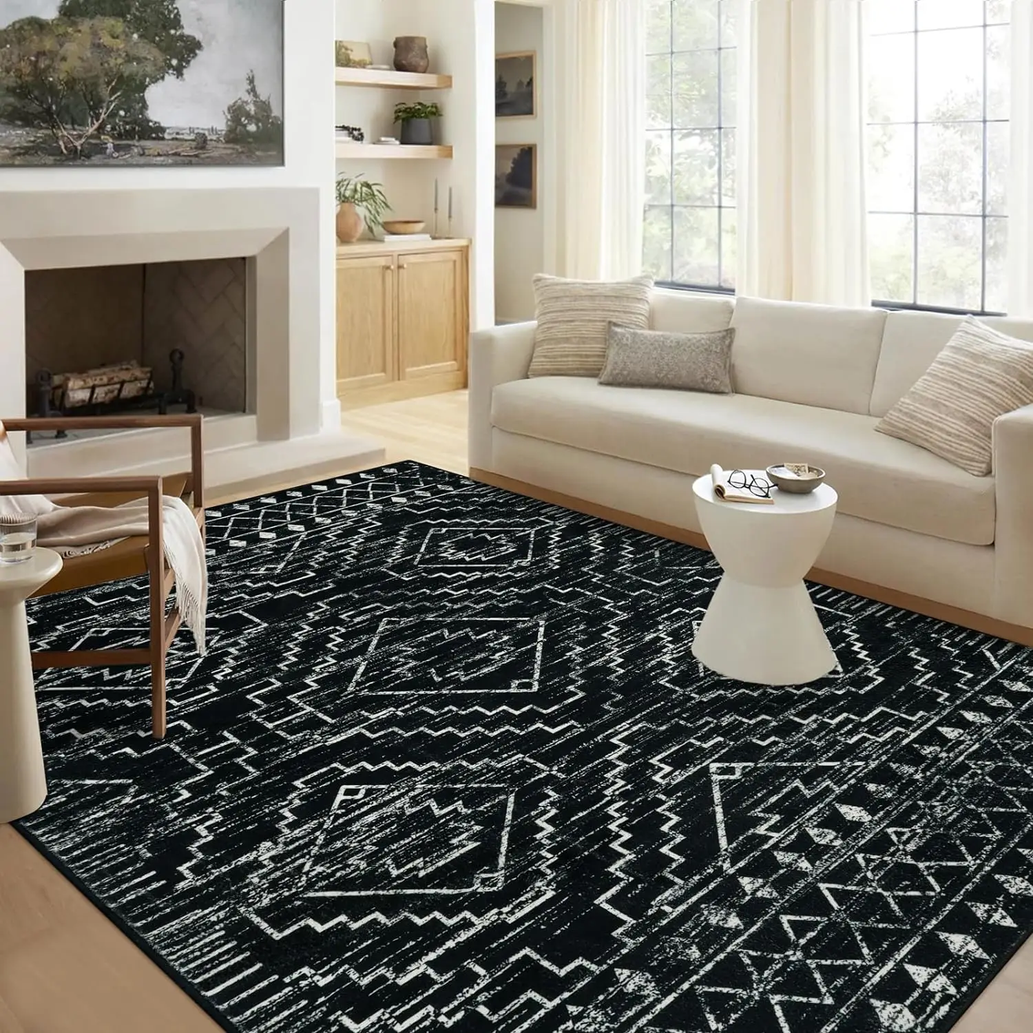 Wonnitar Moroccan 9X12 Area Rug For Living Room, Washable Black Rugs For Bedroom, Large Non-Slip Thin Dining Room Rugs For