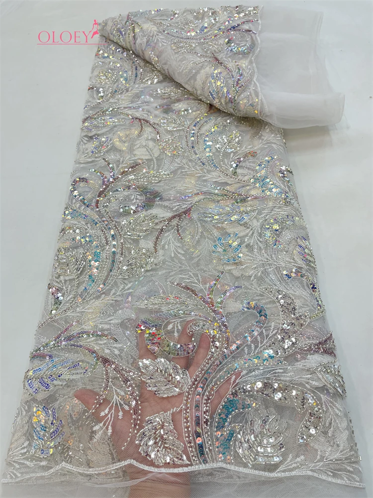 

OLOEY Beaded Tulle Lace Fabric High Quality African Groom Sequins Latest Design for Evening Party Dresses