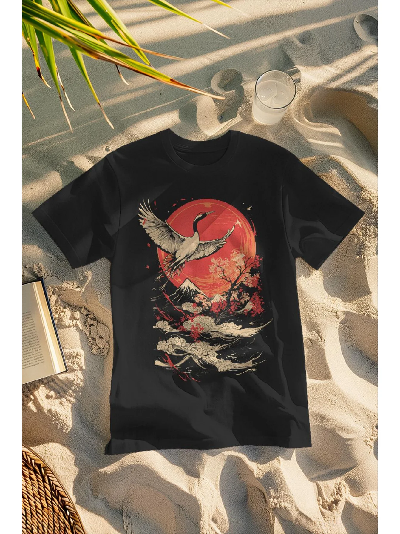 Мужская футболка с рисунком японского журавля и вишневого цвета — повседневная футболка с короткими рукавами и ярким дизайном Red Sun Moon, дышащая регу