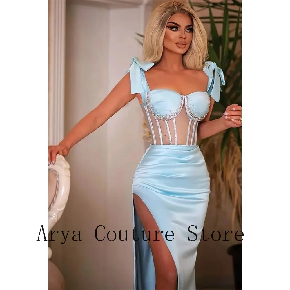 2026 Sky Blue Satin Mermaid Gown – Sheer Corset Bow Detail High Slit Trailing Formal Maxi Dress for Prom, Gala & Wedding Events