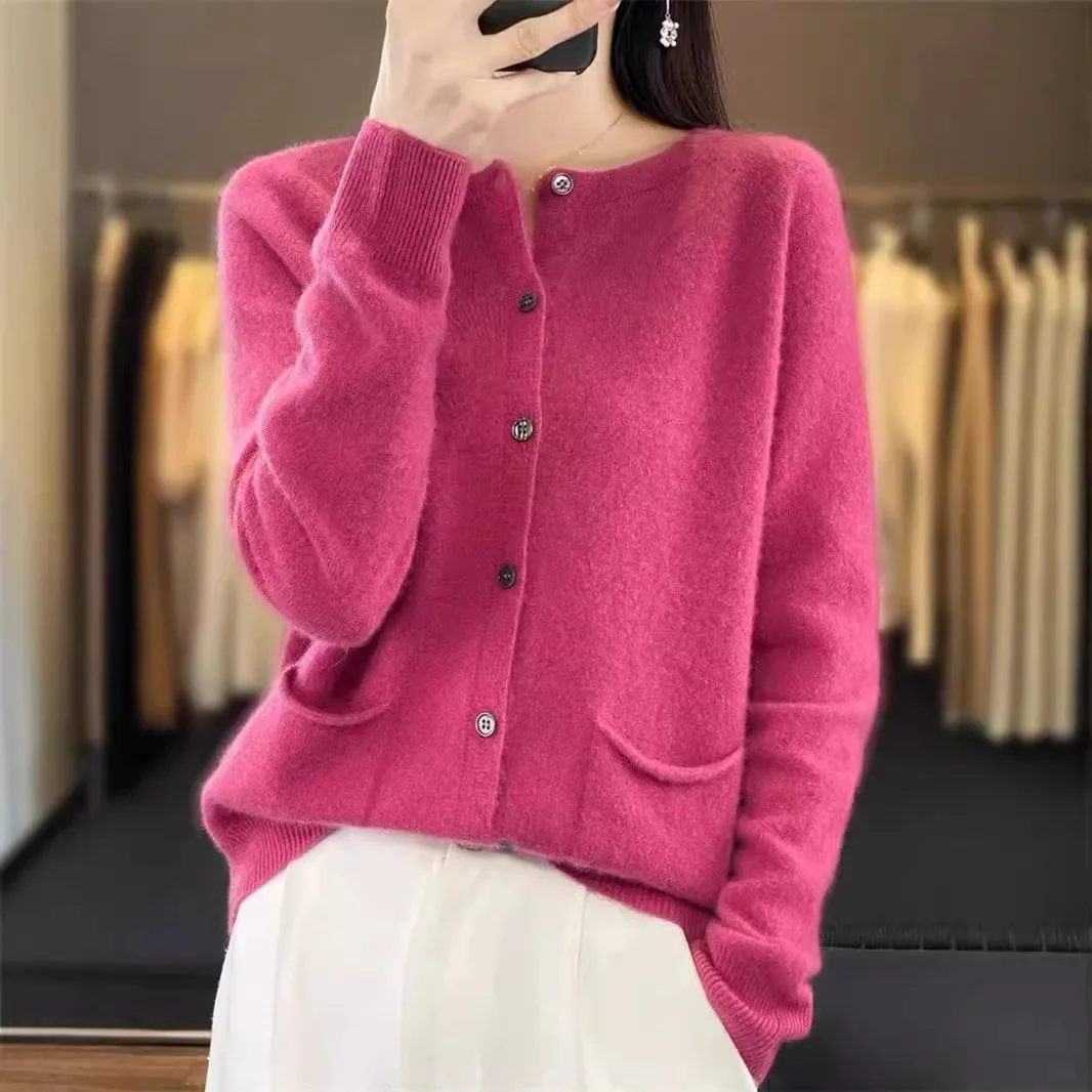 Round Neck Cardigan Women's Solid Color Knitted Jacket For Spring Autumn 2024, Large Size, Loose And Thick Cashmere Long