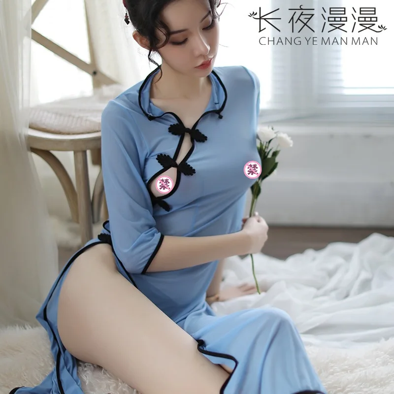 Sensual Lingerie for Women:Sheer Side-Slit Uniform with Republic of China-style,Sexy Student Dress,Seductive Cheongsam Nightgown