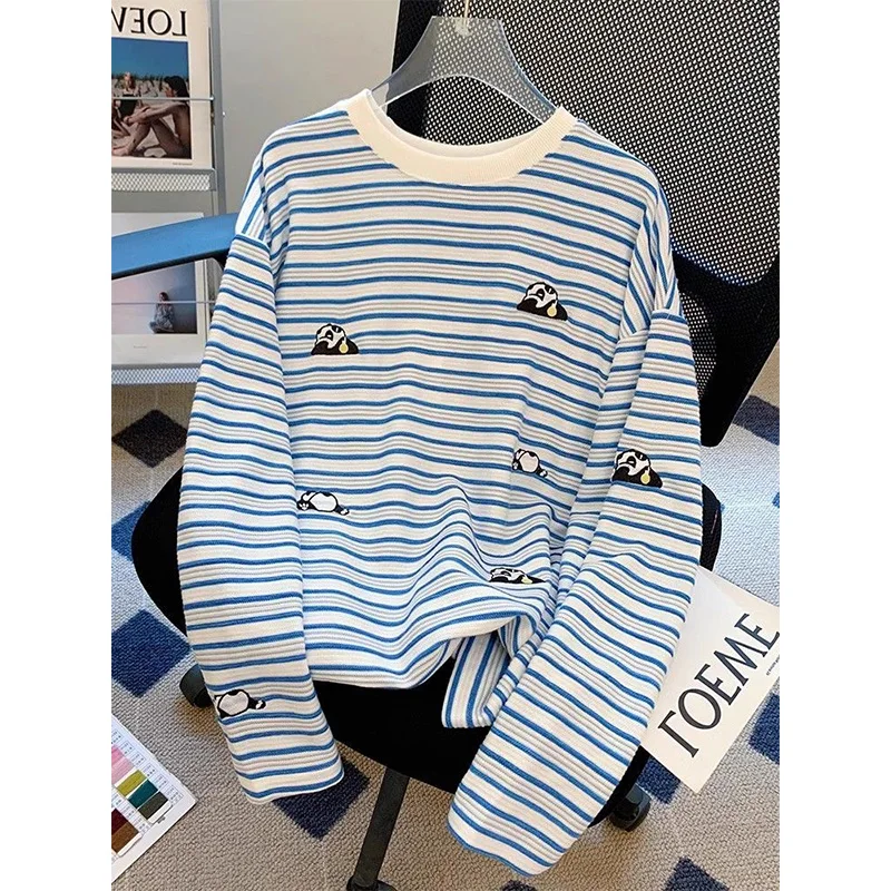 

plus Size 300 Pounds Women's Korean Style round Neck Loose Long Sleeve Blue Striped T-Shirt Trendy Spring Autumn Top