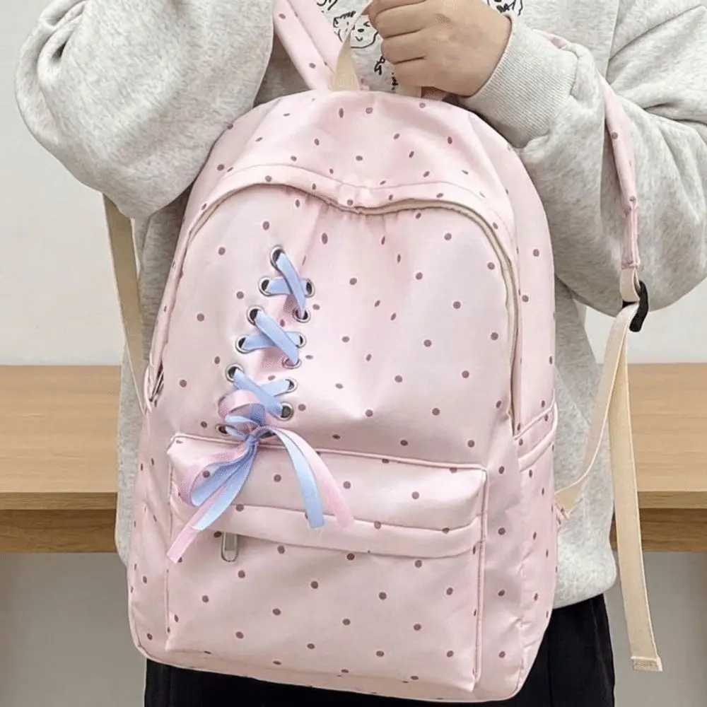 Casual Bow Dot Backpack Large Capacity Durable Students School Bag Fixed Webbing Scratch Prevention Nylon Backpack Daily