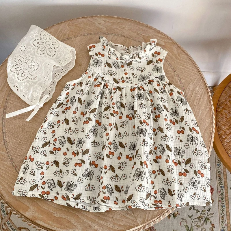 

Summer New Baby Clothing, 0-6 Year Old Girl, Cherry Butterfly Printed Tank Top Sleeveless Skirt
