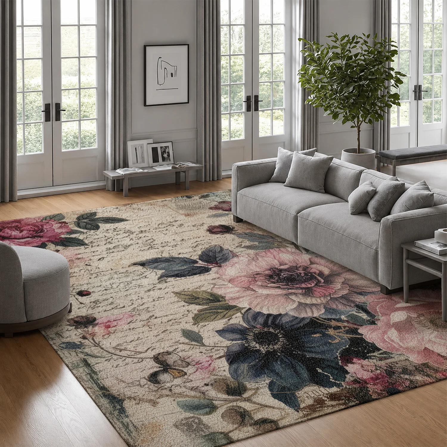Large Indoor Area Rug, Soft Velvet Low Pile with Non-Slip Dotted Backing, Machine Washable Vintage Floral Rug with Faded Script Pattern (Pink & Dark Blue), Ideal for Living Room Bedroom Entryway Decor