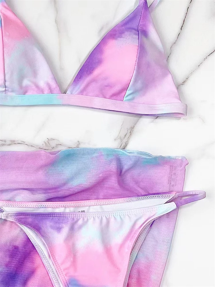 Bikini Tie Dye con tirantes para mujer, traje de baño Sexy con cuello en V, ropa de playa de tres piezas, 2024