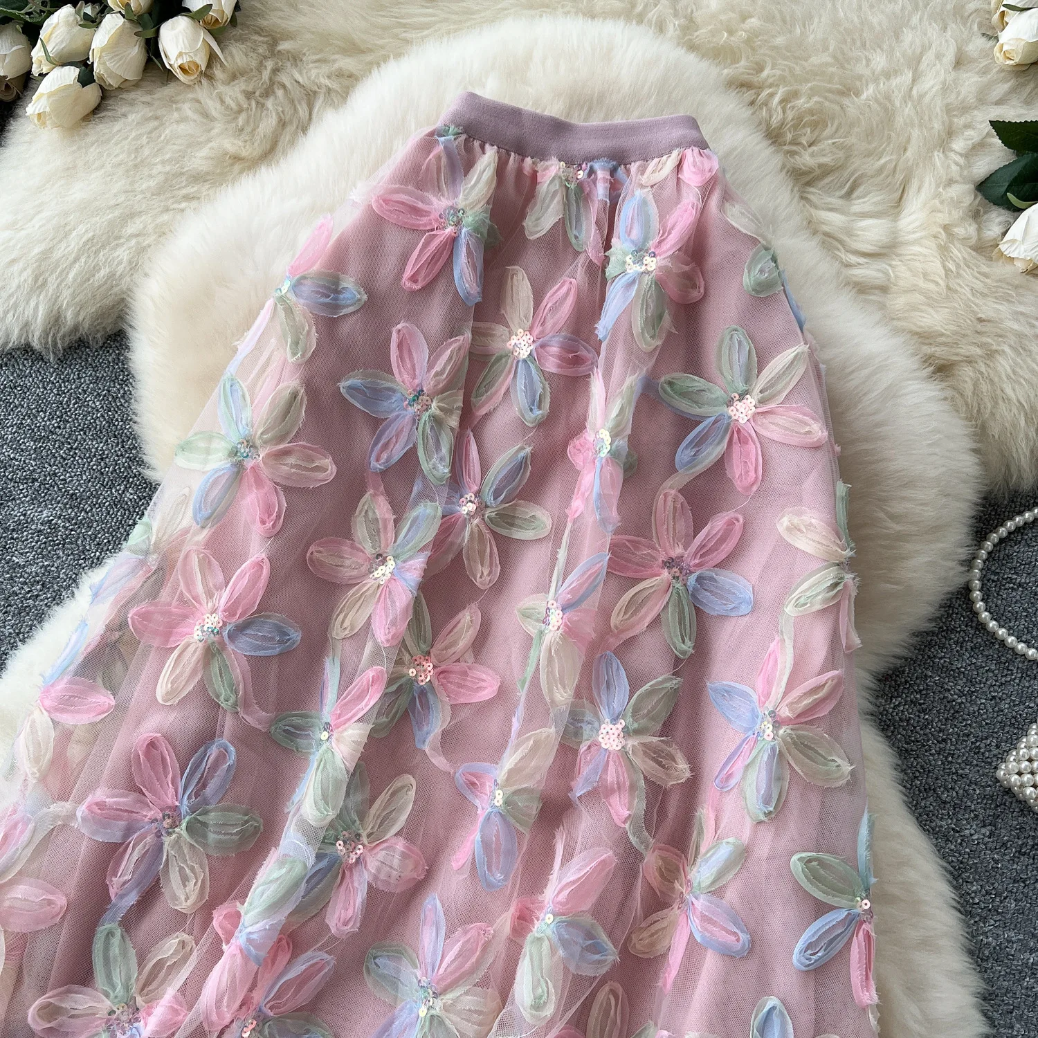 Autumn Winter Flower Embroidery Sequin Mesh Midi Skirts Women 2026 Korean Style Fashion Elegant High Waist Faldas