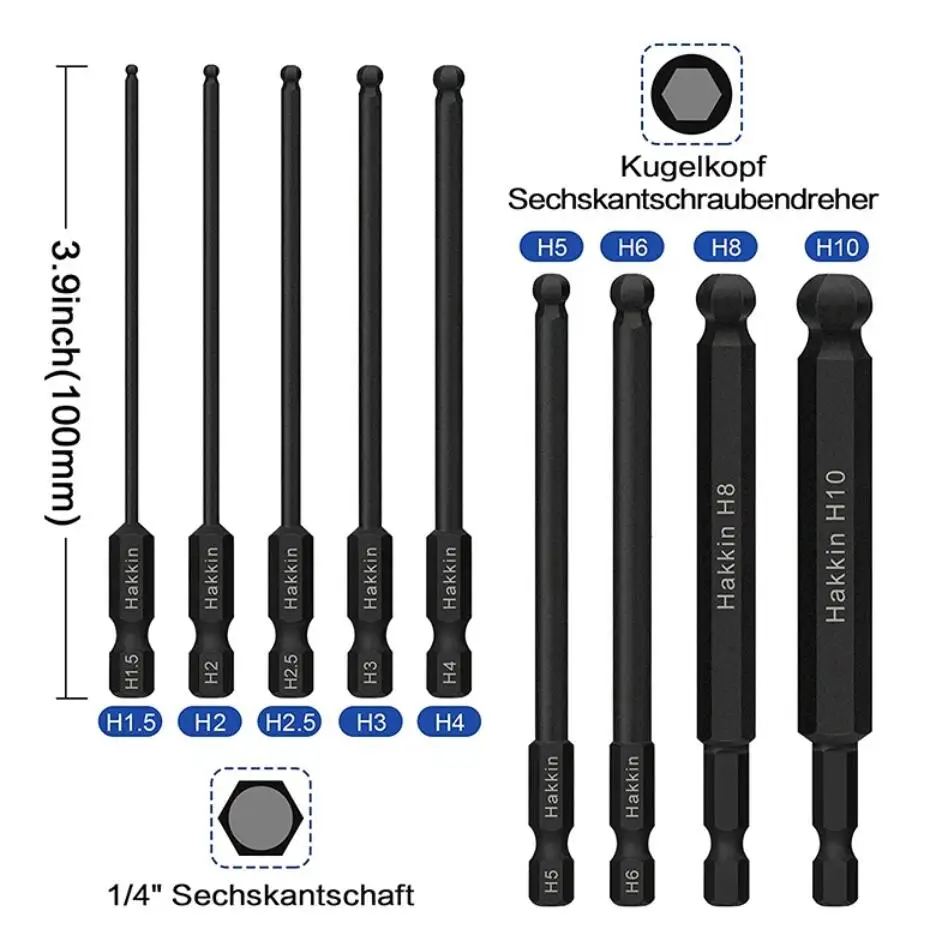 9Pcs 100mm Ball End Screwdriver Bits Hex Head Allen Wrench Drill Bit 1/4 Inch Hex Shank Magnetic Tip Hex Key Socket Driver Bits