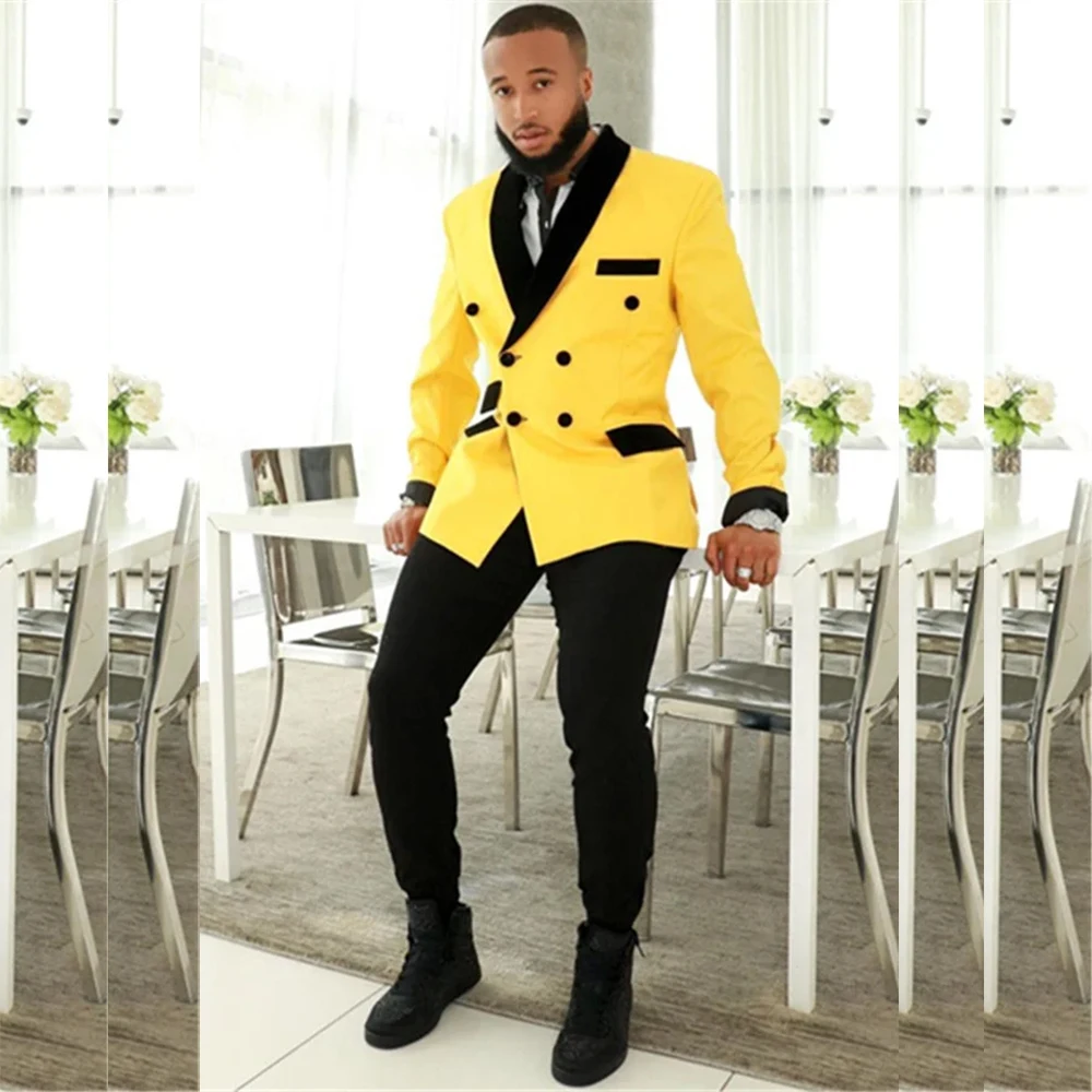 

Модные желтые мужские костюмы, комплект из 2-х предметов, куртка и брюки, двубортный мужской пиджак с шалью и лацканами для особых случаев, шикарный вечерние пиджак Homme