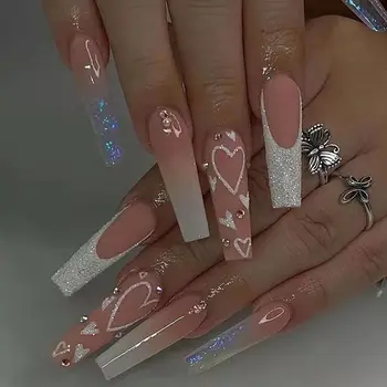 Puntas de uñas postizas artificiales con pegamento, 24 piezas, puntas de uñas postizas con diseño desmontable, prensa sobre uñas postizas largas, pegatina de uñas terminadas