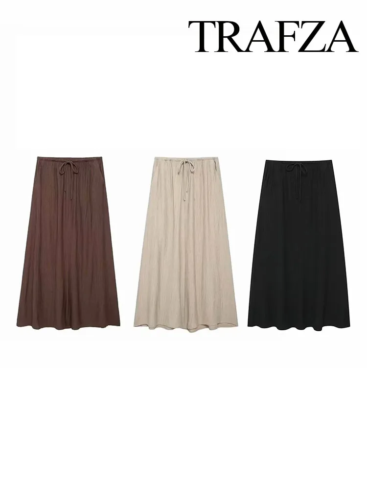 

TRAFZA Women Summer Chic High Waist Drawstring Pleated Decorate Solid Long Skirt Woman New Side Pockets Vintage Slim Skirt Mujer