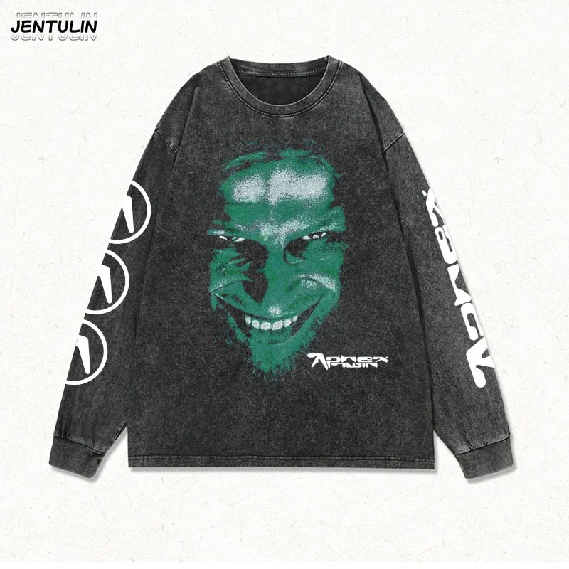 Men Clothing Black Aphex Twin Goth Washed Old Casual Vintage Band Punk Rock Oversize Graphics Long Sleeve Tops T Shirt For Men