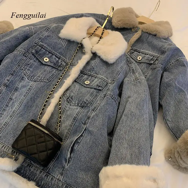 

Vintage Winter Warm Lamb Wool Denim Jacket Women's Denim Fur Collar Denim Jacket Plush Cowboys Loose Pie To Overcome Coats