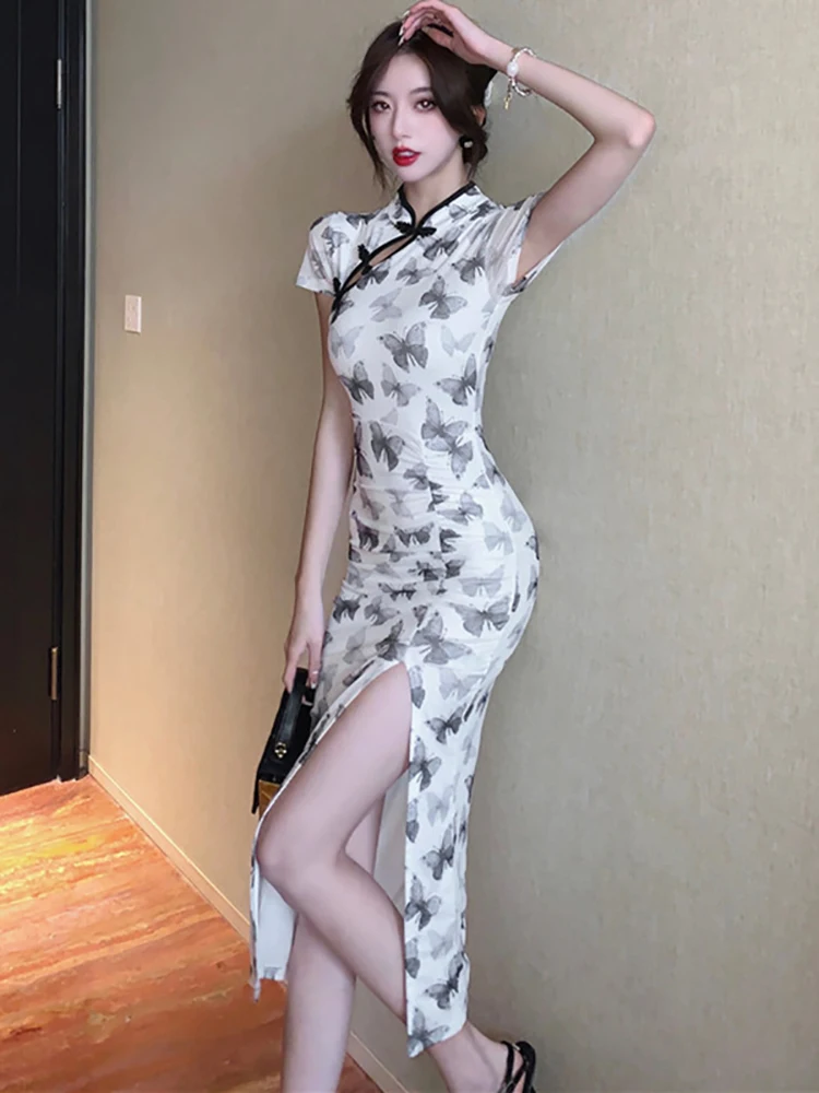 المرأة طباعة شبكة قصيرة الأكمام الوقوف طوق فستان طويل الصيف أنيقة فستان غير رسمي الشق 2025 الكورية خمر Bodycon مساء فستان